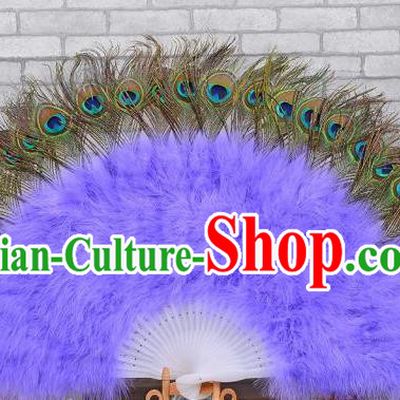 Top Stage Performance Fan Handmade Peacock Feathers Fan Samba Dance Purple Villus Fan Spanish Dance Folding Fan