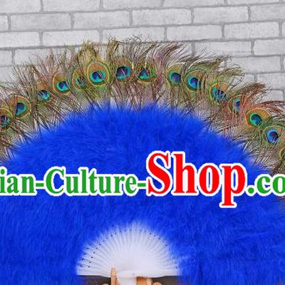 Top Spanish Dance Folding Fan Stage Performance Fan Handmade Peacock Feathers Fan Samba Dance Royalblue Villus Fan