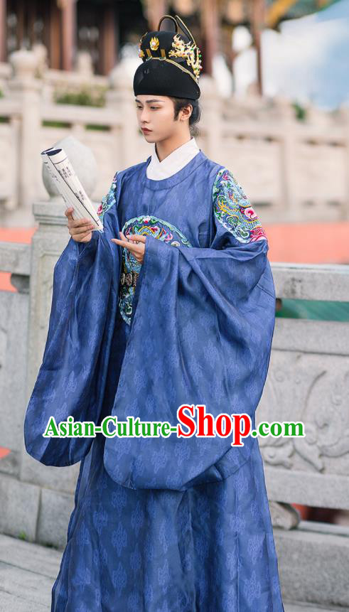 China Ancient Royal Prince Historical Clothing Ming Dynasty Emperor Official Garment Traditional Hanfu Blue Brocade Robe
