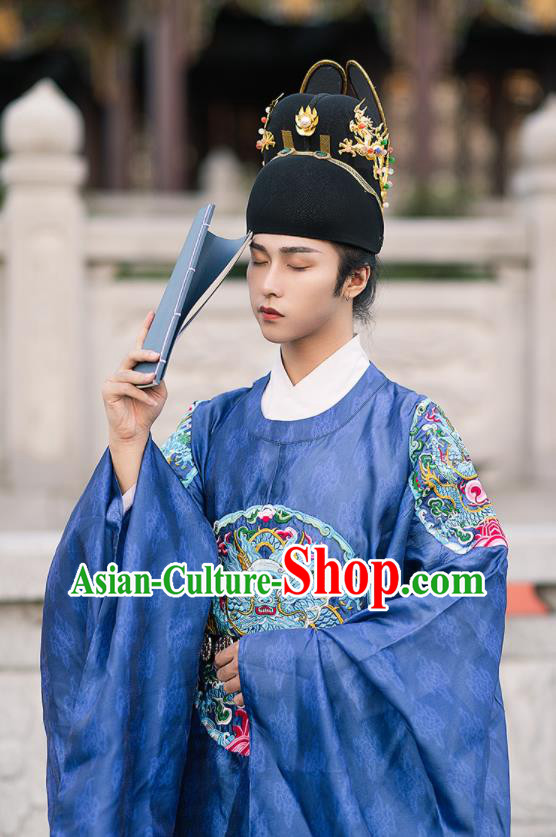China Ancient Royal Prince Historical Clothing Ming Dynasty Emperor Official Garment Traditional Hanfu Blue Brocade Robe