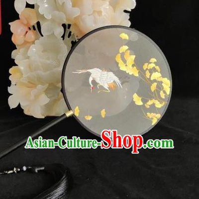 China Suzhou Embroidery Palace Fan Classical Embroidered Ginkgo Leaf Crane Fan Traditional Dance Fan Handmade Double Sides Silk Fan