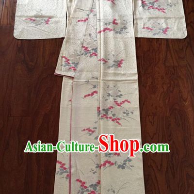 Japan Traditional Beige Silk Yukata Dress Classical Flowers Pattern Tsukesage Kimono Clothing Wedding Bride Garment Costume