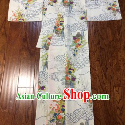 Japan Young Woman Wafuku Garment Costume Tokyo Beige Yukata Dress Traditional Peony Plum Pattern Informal Kimono Clothing