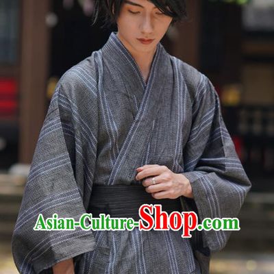 Japanese Ancient Warrior Apparels Asian Traditional Grey Yukata Robe Summer Festival Male Clothing