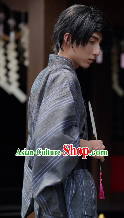 Japanese Ancient Warrior Apparels Asian Traditional Grey Yukata Robe Summer Festival Male Clothing Japanese Ancient Warrior Apparels Asian Traditional Grey Yukata Robe Summer Festival Male Clothing