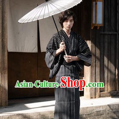 Japanese Stage Performance Male Kimono Clothing Ancient Samurai Apparel Asian Traditional Black Yukata Robe