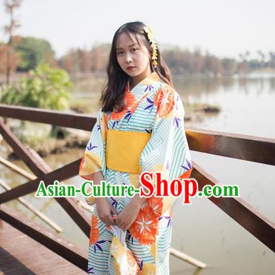 Japan Traditional Summer Festival Garment Costume Hanabi Taikai Printing Albizia Flower Yukata Dress Female Kimono