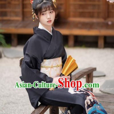 Japan Young Lady Kimono Traditional Summer Festival Garment Costume Hanabi Taikai Printing Wave Crane Black Yukata Dress
