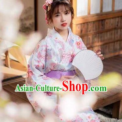 Japan Summer Festival Printing Peach Blossom Blue Yukata Dress Young Lady Stage Performance Fashion Garment Traditional Kimono Costume