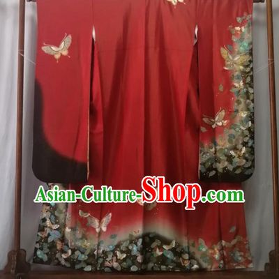 Japan Orthodox Garment Costume Court Woman Printing Butterfly Yukata Dress Traditional Wedding Red Furisode Kimono Clothing