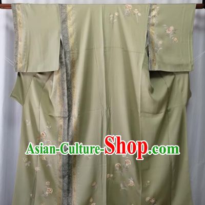 Japan Traditional Green Silk Tsukesage Kimono Clothing Orthodox Garment Costume Court Woman Printing Flowers Yukata Dress