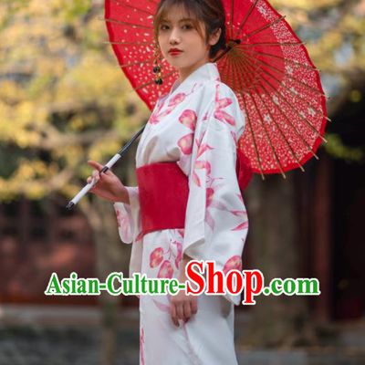 Japan Summer Festival Printing Maple Leaf White Yukata Dress Young Lady Fashion Garment Traditional Photography Kimono Costume