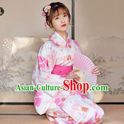 Japan Young Lady Stage Performance Fashion Garment Traditional Photography Kimono Costume Summer Festival Printing Sakura Yukata Dress