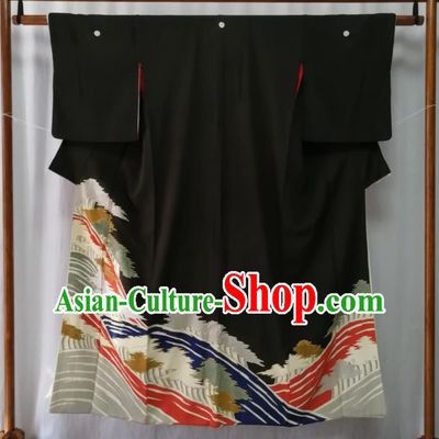 Asian Stage Performance Apparel Traditional Black Yukata Robe Japanese Male Kurotomesode Kimono Clothing