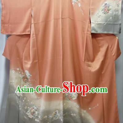 Japan Court Woman Garment Costume Kyoto Embroidered Orange Yukata Dress Traditional Pattern Tsukesage Kimono Clothing