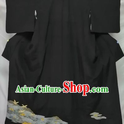 Japanese Male Kurotomesode Kimono Clothing Asian Stage Performance Apparel Traditional Embroidered Black Yukata Robe