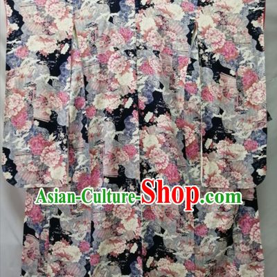 Japan Traditional Peony Pattern Furisode Kimono Clothing Court Queen Garment Costume Kyoto Black Yukata Dress