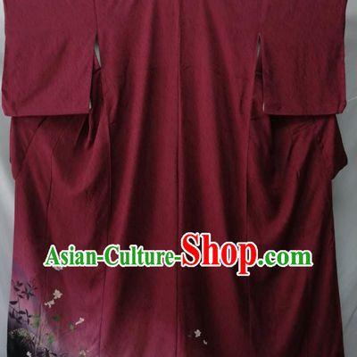 Japan Kyoto Wine Red Yukata Dress Traditional Flowers Pattern Tsukesage Kimono Clothing Young Lady Garment Costume