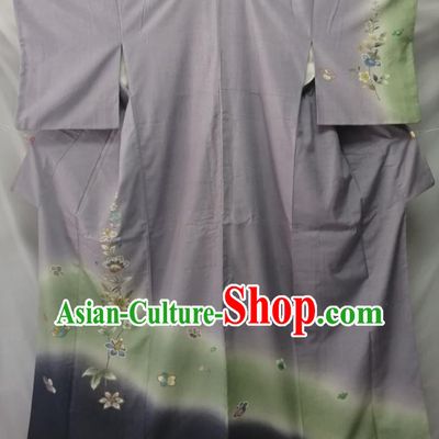 Asian Stage Performance Apparel Japanese Traditional Grey Yukata Robe Male Tsukesage Kimono Clothing