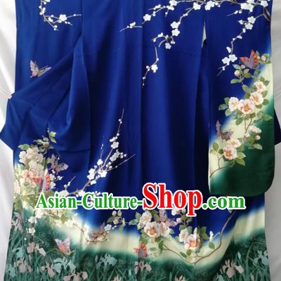 Japan Traditional Peony Plum Pattern Furisode Kimono Clothing Court Empress Garment Costume Kyoto Deep Blue Yukata Dress