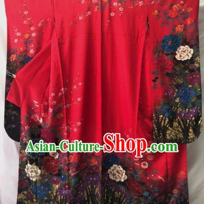 Japan Kyoto Wedding Red Yukata Dress Traditional Peony Pattern Furisode Kimono Clothing Court Empress Garment Costume