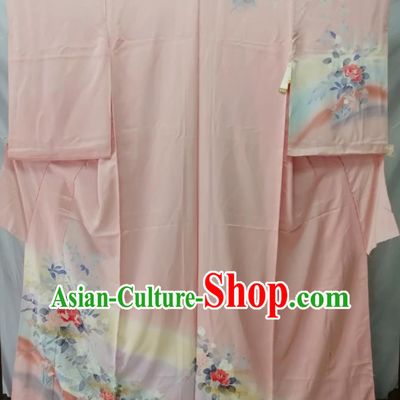 Japan Young Woman Garment Costume Kyoto Printing Pink Yukata Dress Traditional Peony Pattern Tsukesage Kimono Clothing