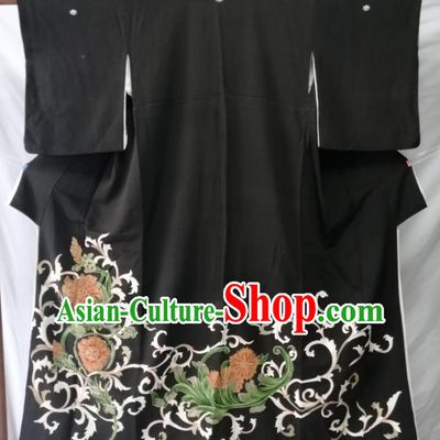 Japanese Male Kurotomesode Kimono Clothing Traditional Black Yukata Robe Asian Stage Performance Apparel