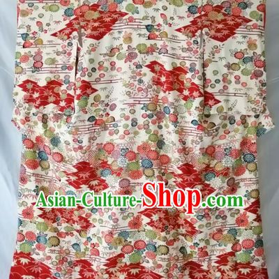 Japan Young Woman Garment Costume Kyoto Printing Silk Yukata Dress Traditional Chrysanthemum Pattern Tsukesage Kimono Clothing