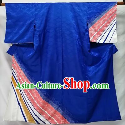 Japan Traditional Pattern Tsukesage Kimono Clothing Young Woman Garment Costume Kyoto Blue Silk Yukata Dress