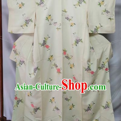 Japan Tokyo Printing Beige Yukata Dress Traditional Pattern Edo Komon Kimono Clothing Young Woman Garment Costume