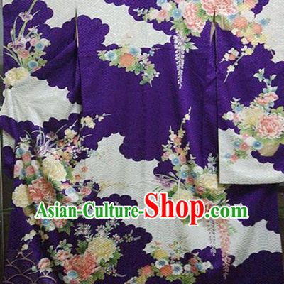 Japan Traditional Peony Pattern Furisode Kimono Clothing Royal Empress Wafuku Garment Costume Tokyo Purple Silk Yukata Dress