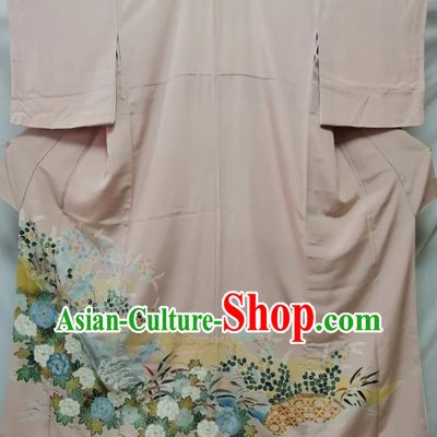 Japan Kyoto Printing Beige Yukata Dress Traditional Peony Pattern Uchikake Kimono Clothing Young Woman Garment Costume