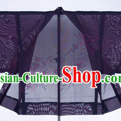 Japanese Classical Platycodon Pattern Purple Silk Apparel Male Haori Outer Garment Clothing Traditional Kimono Overcoat Jacket