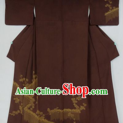 Japan Traditional Brown Yukata Dress Classical Chrysanthemum Pattern Tsukesage Kimono Clothing Court Woman Garment Costume