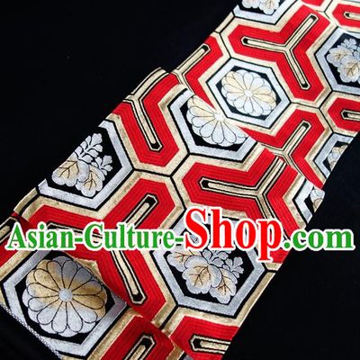 Japanese Classical Chrysanthemum Pattern Wafuku Waistband Nagoya Kimono Dress Corset Accessories Traditional Yukata Robe Red Brocade Belt