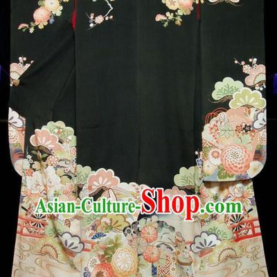 Japan Traditional Black Silk Yukata Dress Classical Chrysanthemum Pattern Furisode Kimono Clothing Wedding Bride Garment Costume