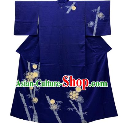 Japan Traditional Deep Blue Yukata Dress Classical Chrysanthemum Pattern Tsukesage Kimono Clothing Elderly Woman Garment Costume