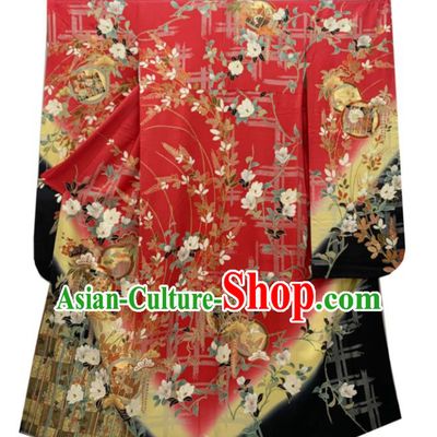 Japan Wedding Bride Garment Costume Traditional Geisha Performance Red Yukata Dress Classical Flowers Pattern Furisode Kimono Clothing