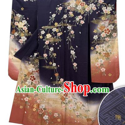 Japan Classical Flowers Pattern Furisode Kimono Clothing Wedding Bride Garment Costume Traditional Geisha Performance Navy Yukata Dress
