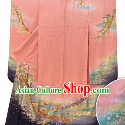 Japan Traditional Geisha Performance Pink Yukata Dress Classical Flowers Pattern Furisode Kimono Clothing Wedding Bride Garment Costume