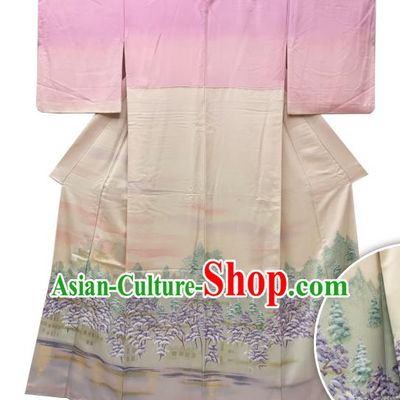 Japan Young Woman Garment Costume Traditional Pink Yukata Dress Classical Paysage Pattern Homongi Kimono Clothing