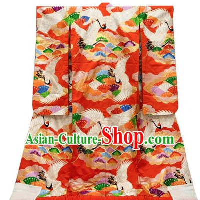 Japan Wedding Bride Garment Costume Traditional Court Empress Yukata Dress Classical Cranes Pattern Red Uchikake Kimono Clothing