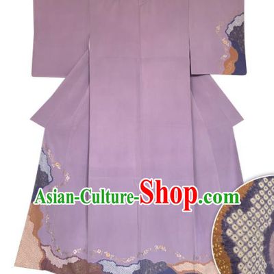 Japan Classical Flowers Pattern Kimono Clothing Wedding Bride Homongi Garment Costume Traditional Lilac Yukata Dress
