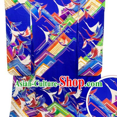 Japan Classical Cranes Pattern Furisode Kimono Clothing Court Bride Garment Costume Traditional Wedding Royalblue Yukata Dress