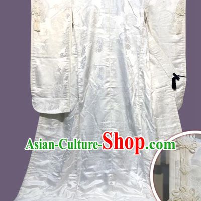 Japan Court Wedding Bride Garment Costume Traditional Geisha White Silk Yukata Dress Classical Flowers Pattern Shiromuku Kimono Clothing