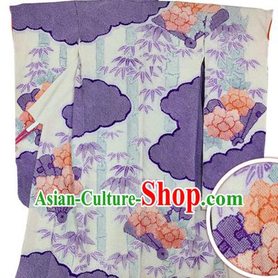 Japan Wedding Bride Garment Costume Traditional Geisha Purple Yukata Dress Classical Peony Bamboo Pattern Furisode Kimono Clothing
