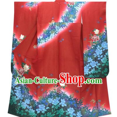 Japan Classical Roses Pattern Furisode Kimono Clothing Bride Garment Costume Traditional Wedding Red Yukata Dress