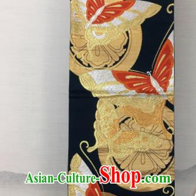 Japanese Traditional Yukata Robe Black Brocade Belt Classical Butterfly Pattern Wafuku Waistband Kimono Dress Corset Accessories