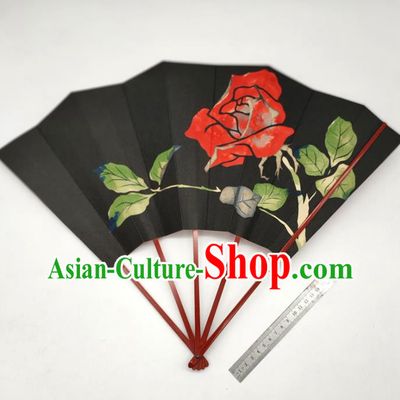 Japanese Traditional Stage Performance Folding Fan Classical Dance Accordion Hand Painting Rose Black Silk Fan