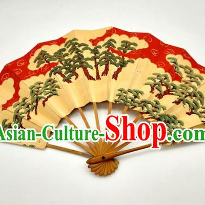 Japanese Handmade Printing Pine Red Fan Traditional Geisha Dance Folding Fan Stage Performance Accordion